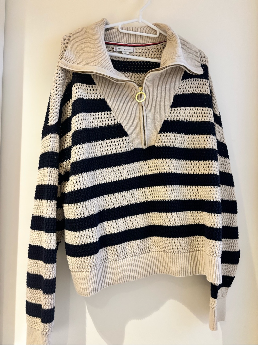 Tommy Hilfiger Striped Half-Zip Crochet Sweater - Cream & Navy